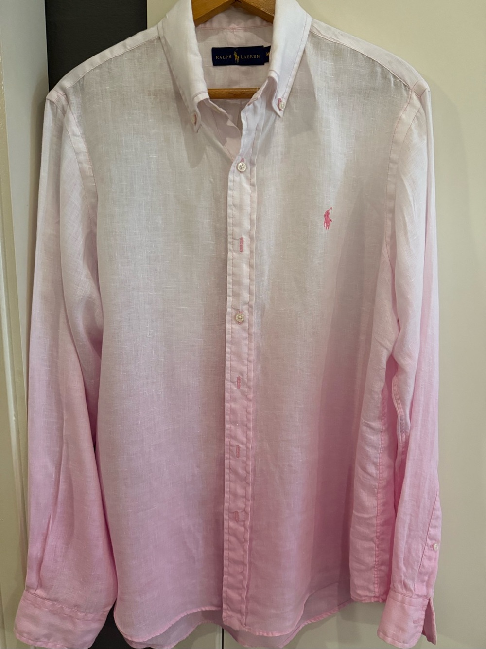 Ralph Lauren Men's Light Pink Linen Button-Down. Ombré dye has imperfections